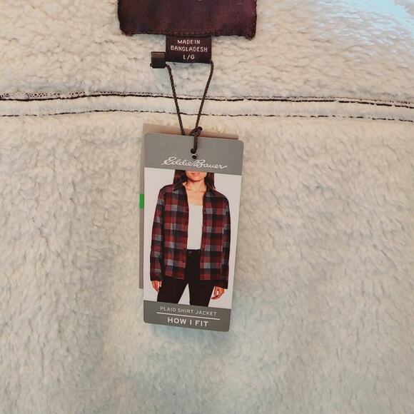 EDDIE BAUER PLAID SNAP DOWN BLUE/CRANBERRY NEW FLEECE LINED SIZE LARGE - Picture 7 of 9